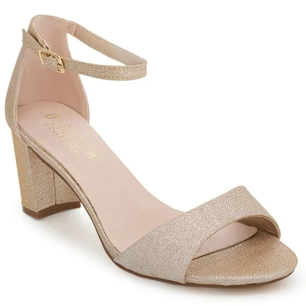 De Blossom Ankle Strap Low Heel Sparkle Wedding Event Shoe Gold Size 9
